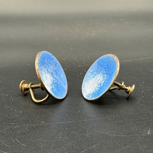 Vintage Screw Back Earrings Blue White Enamel On Copper Round AVM Celestial - Picture 3 of 9